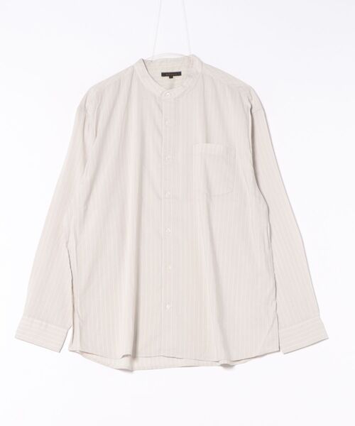 m.f.editorial（エムエフエディトリアル）の「シャツ メンズ 長袖 シャンブレー ストライプ バンドカラー ややゆったり ルーズフィット 胸ポケット レーヨン混（シャツ/ブラウス・メンズ・ベージュ/ネイビー・MEDIUM/LARGE/X-LARGE）」の4枚目の写真