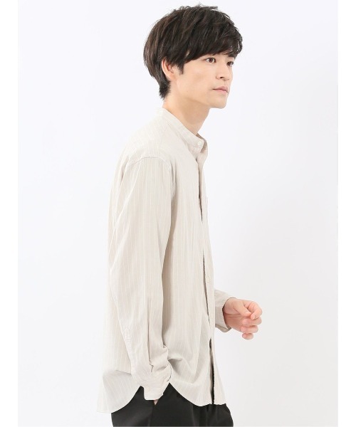m.f.editorial（エムエフエディトリアル）の「シャツ メンズ 長袖 シャンブレー ストライプ バンドカラー ややゆったり ルーズフィット 胸ポケット レーヨン混（シャツ/ブラウス・メンズ・ベージュ/ネイビー・MEDIUM/LARGE/X-LARGE）」の7枚目の写真