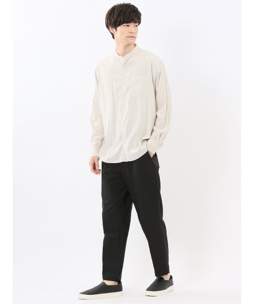 m.f.editorial（エムエフエディトリアル）の「シャツ メンズ 長袖 シャンブレー ストライプ バンドカラー ややゆったり ルーズフィット 胸ポケット レーヨン混（シャツ/ブラウス・メンズ・ベージュ/ネイビー・MEDIUM/LARGE/X-LARGE）」の8枚目の写真