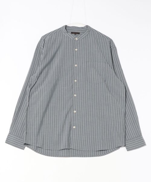 m.f.editorial（エムエフエディトリアル）の「シャツ メンズ 長袖 シャンブレー ストライプ バンドカラー ややゆったり ルーズフィット 胸ポケット レーヨン混（シャツ/ブラウス・メンズ・ベージュ/ネイビー・MEDIUM/LARGE/X-LARGE）」の14枚目の写真