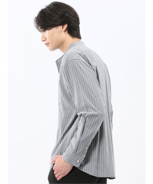 m.f.editorial（エムエフエディトリアル）の「シャツ メンズ 長袖 シャンブレー ストライプ バンドカラー ややゆったり ルーズフィット 胸ポケット レーヨン混（シャツ/ブラウス・メンズ・ベージュ/ネイビー・MEDIUM/LARGE/X-LARGE）」の15枚目の写真