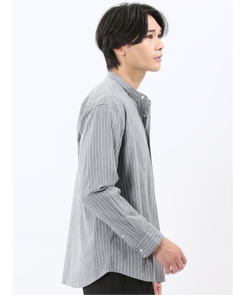 m.f.editorial（エムエフエディトリアル）の「シャツ メンズ 長袖 シャンブレー ストライプ バンドカラー ややゆったり ルーズフィット 胸ポケット レーヨン混（シャツ/ブラウス・メンズ・ベージュ/ネイビー・MEDIUM/LARGE/X-LARGE）」の17枚目の写真