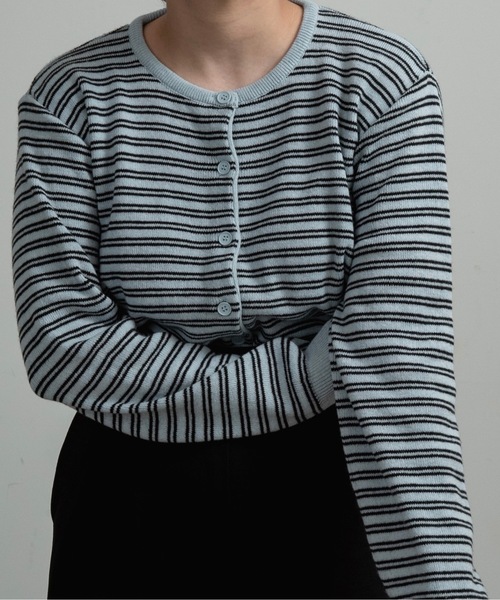 lawgy（ラウジー）の「horizontal stripe crew neck cardigan / ホリゾンタルストライプクルーネックカーディガン（カーディガン/ボレロ・レディース・ブラウン/グレー/スカイブルー・FREE）」の13枚目の写真