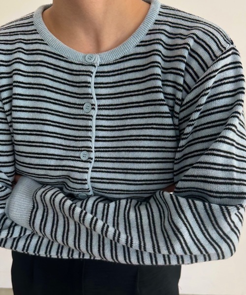 lawgy（ラウジー）の「horizontal stripe crew neck cardigan / ホリゾンタルストライプクルーネックカーディガン（カーディガン/ボレロ・レディース・ブラウン/グレー/スカイブルー・FREE）」の14枚目の写真