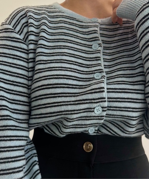 lawgy（ラウジー）の「horizontal stripe crew neck cardigan / ホリゾンタルストライプクルーネックカーディガン（カーディガン/ボレロ・レディース・ブラウン/グレー/スカイブルー・FREE）」の15枚目の写真