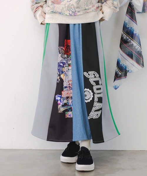 ScoLar（スカラー）の「153637：ロゴコラージュ柄 デニム×ジャージ切替スカート（スカート・レディース・ブラック/グレー・M）」の2枚目の写真