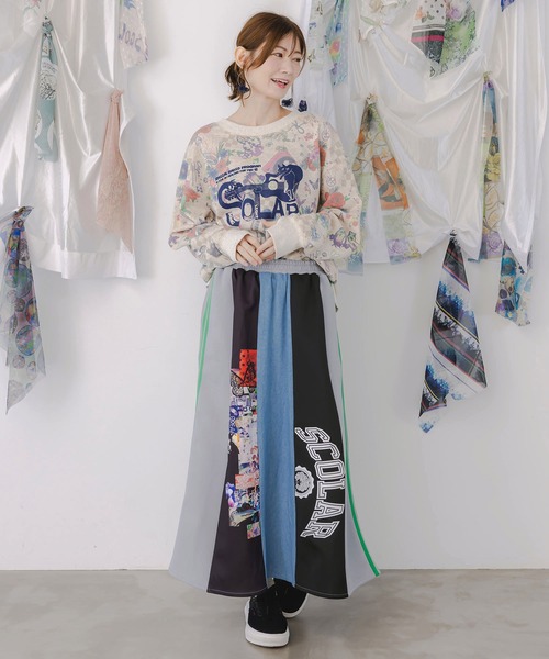 ScoLar（スカラー）の「153637：ロゴコラージュ柄 デニム×ジャージ切替スカート（スカート・レディース・ブラック/グレー・M）」の9枚目の写真