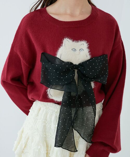MAJESTIC LEGON（マジェスティックレゴン）の「ふわふわLadycatリボンニット（ニット/セーター・レディース・ボルドー/ピンク/ブラック/チャコールグレー・MEDIUM）」の4枚目の写真