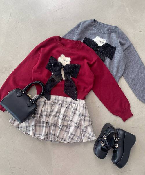 MAJESTIC LEGON(マジェスティックレゴン)の「ふわふわLadycatリボンニット(ニット/セーター・レディース・ボルドー/ピンク/ブラック/チャコールグレー・MEDIUM)」の8枚目の写真