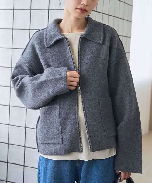 襟付きダブルジップニットジャケット コーディガン(カーディガン 襟付きダブルジップニットジャケット コーディガン(カーディガン