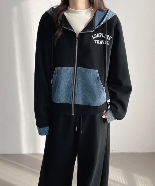 セール】ワンポイント刺繍デニムドッキングスウェットパーカー