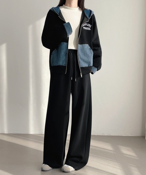 セール】ワンポイント刺繍デニムドッキングスウェットパーカー