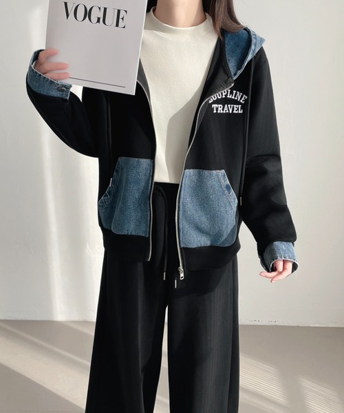 セール】ワンポイント刺繍デニムドッキングスウェットパーカー