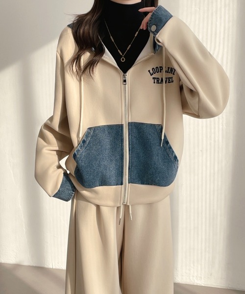 セール】ワンポイント刺繍デニムドッキングスウェットパーカー