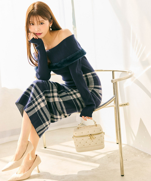 セール】ファートリミングチェックジャガードニットタイトワンピース