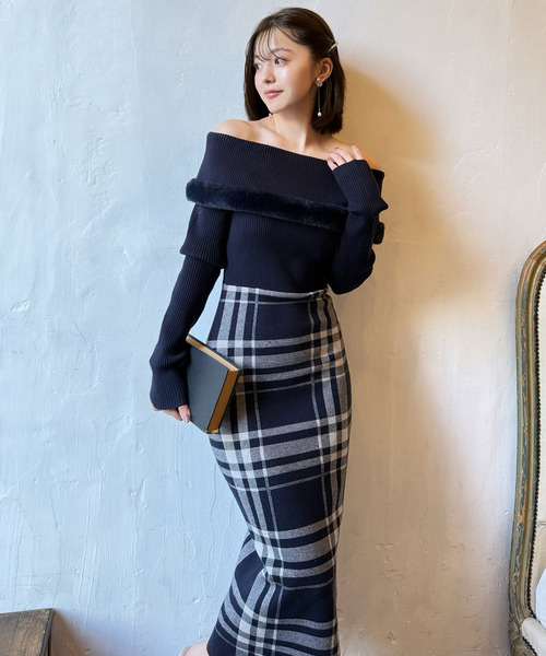 セール】ファートリミングチェックジャガードニットタイトワンピース