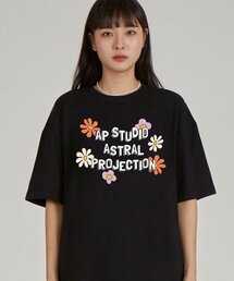 エイピー フラワー ラウンドネック 40番手二重織り綿半袖Tシャツ_ブラック