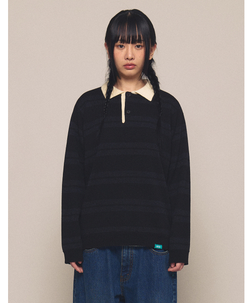 [Mmlg] STRIPE COLLAR KNIT (BLACK)