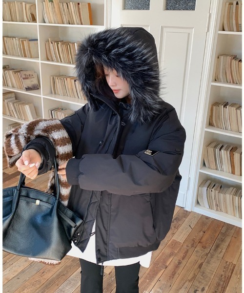 セール】フェイクファーフード付き スタンドカラー エコダウンコート