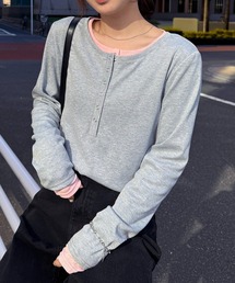 レイヤードヘンリーネックリブＴシャツ