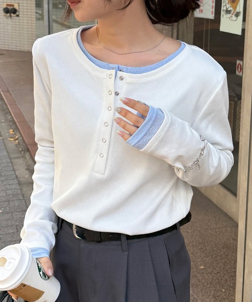 RANAN（ラナン）の「レイヤードヘンリーネックリブＴシャツ（Tシャツ/カットソー・レディース・グレー/ブラック/ホワイト/ネイビー・L/LL/M）」の2枚目の写真