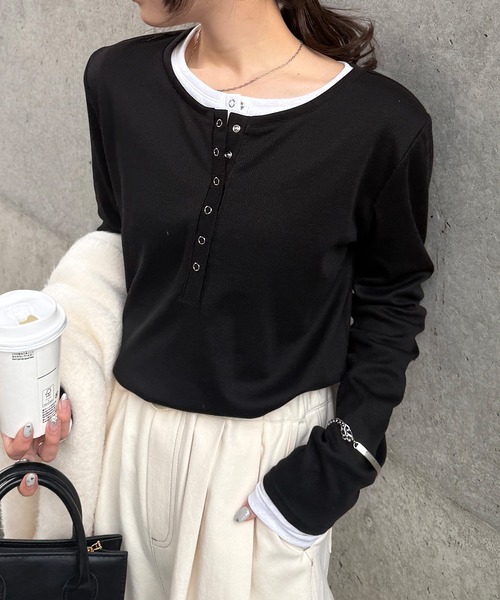 RANAN（ラナン）の「レイヤードヘンリーネックリブＴシャツ（Tシャツ/カットソー・レディース・グレー/ブラック/ホワイト/ネイビー・L/LL/M）」の3枚目の写真