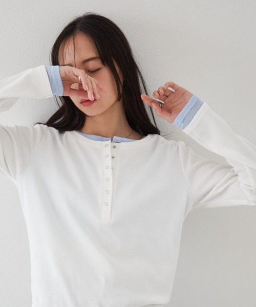 RANAN（ラナン）の「レイヤードヘンリーネックリブＴシャツ（Tシャツ/カットソー・レディース・グレー/ブラック/ホワイト/ネイビー・L/LL/M）」の5枚目の写真