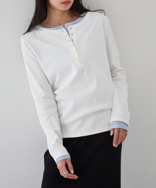 RANAN（ラナン）の「レイヤードヘンリーネックリブＴシャツ（Tシャツ/カットソー・レディース・グレー/ブラック/ホワイト/ネイビー・L/LL/M）」の7枚目の写真