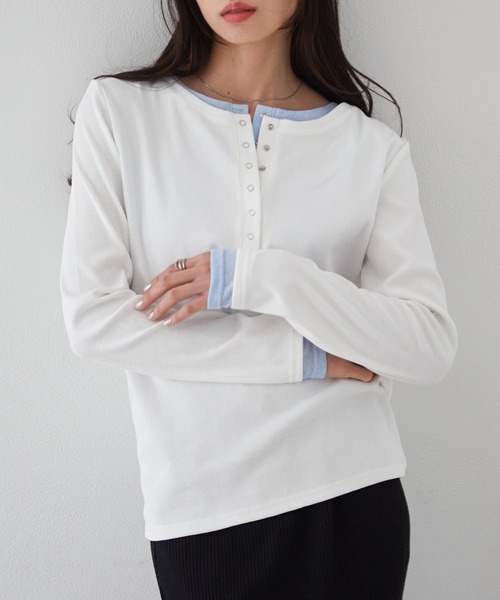 RANAN（ラナン）の「レイヤードヘンリーネックリブＴシャツ（Tシャツ/カットソー・レディース・グレー/ブラック/ホワイト/ネイビー・L/LL/M）」の8枚目の写真