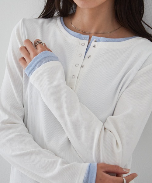 RANAN（ラナン）の「レイヤードヘンリーネックリブＴシャツ（Tシャツ/カットソー・レディース・グレー/ブラック/ホワイト/ネイビー・L/LL/M）」の9枚目の写真