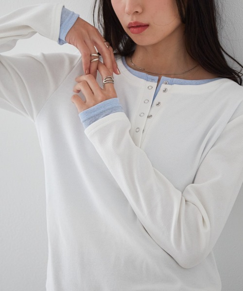 RANAN（ラナン）の「レイヤードヘンリーネックリブＴシャツ（Tシャツ/カットソー・レディース・グレー/ブラック/ホワイト/ネイビー・L/LL/M）」の11枚目の写真