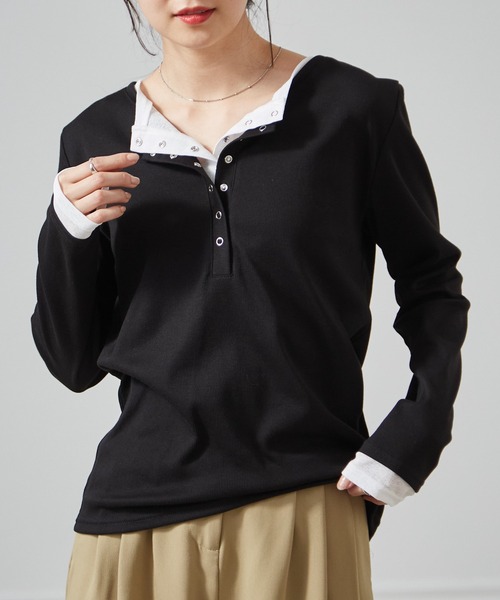 RANAN（ラナン）の「レイヤードヘンリーネックリブＴシャツ（Tシャツ/カットソー・レディース・グレー/ブラック/ホワイト/ネイビー・L/LL/M）」の13枚目の写真