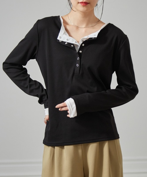 RANAN（ラナン）の「レイヤードヘンリーネックリブＴシャツ（Tシャツ/カットソー・レディース・グレー/ブラック/ホワイト/ネイビー・L/LL/M）」の15枚目の写真