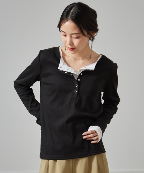 RANAN（ラナン）の「レイヤードヘンリーネックリブＴシャツ（Tシャツ/カットソー・レディース・グレー/ブラック/ホワイト/ネイビー・L/LL/M）」の16枚目の写真