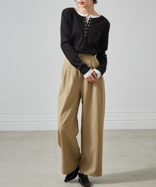 RANAN（ラナン）の「レイヤードヘンリーネックリブＴシャツ（Tシャツ/カットソー・レディース・グレー/ブラック/ホワイト/ネイビー・L/LL/M）」の17枚目の写真