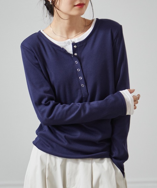 RANAN（ラナン）の「レイヤードヘンリーネックリブＴシャツ（Tシャツ/カットソー・レディース・グレー/ブラック/ホワイト/ネイビー・L/LL/M）」の18枚目の写真