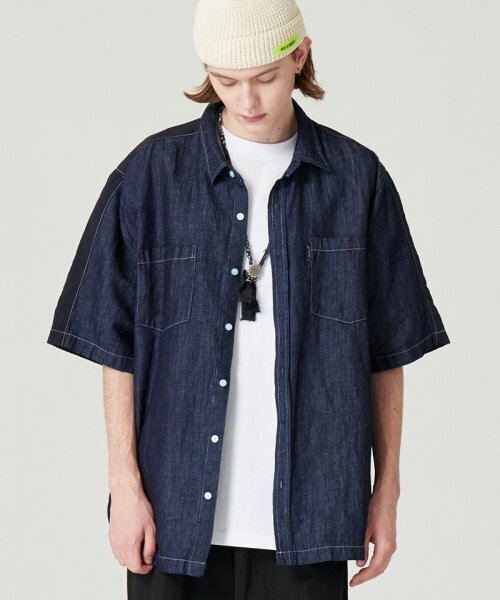 GOSTREET(ゴーストリート)の「オーバーサイズハーフシャツ - デニム+ナイロン(シャツ/ブラウス・メンズ・その他・LARGE/MEDIUM)」の1枚目の写真