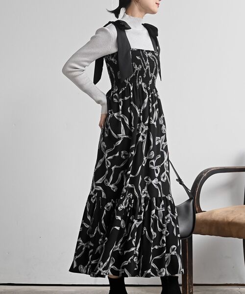 rps（アールピーエス）の「リボン柄プリントシャーリング肩リボンワンピース（ワンピース・レディース・オフホワイト/ブラック・フリー）」の2枚目の写真