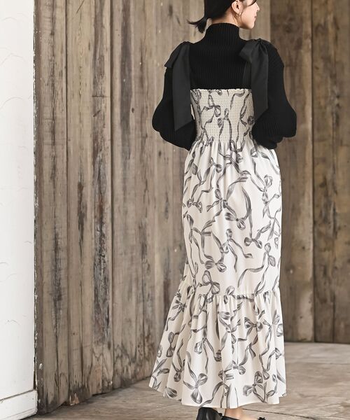 rps（アールピーエス）の「リボン柄プリントシャーリング肩リボンワンピース（ワンピース・レディース・オフホワイト/ブラック・フリー）」の5枚目の写真