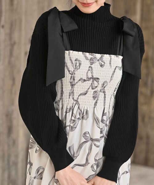 rps（アールピーエス）の「リボン柄プリントシャーリング肩リボンワンピース（ワンピース・レディース・オフホワイト/ブラック・フリー）」の7枚目の写真