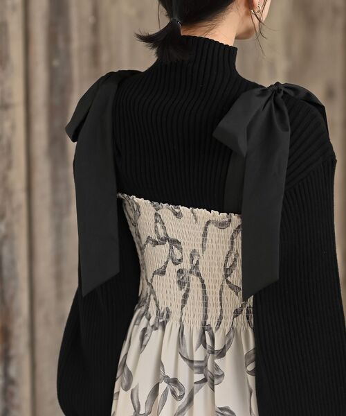 rps（アールピーエス）の「リボン柄プリントシャーリング肩リボンワンピース（ワンピース・レディース・オフホワイト/ブラック・フリー）」の9枚目の写真