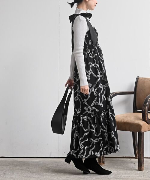 rps（アールピーエス）の「リボン柄プリントシャーリング肩リボンワンピース（ワンピース・レディース・オフホワイト/ブラック・フリー）」の15枚目の写真