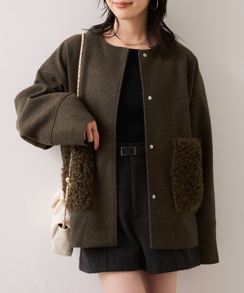 VIS（ビス）の「【WEB限定】ボアポケットノーカラーコート（その他アウター・レディース・キナリ/ダークブラウン/チャコールグレー・FREE）」の5枚目の写真