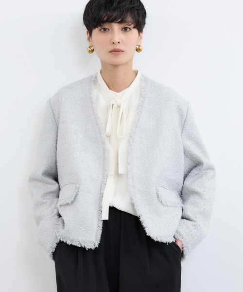 BARNYARDSTORM(バンヤードストーム)の「BARNYARDSTORM / フラッグヤーンツイードジャケット(ノーカラージャケット・レディース・ライトグレー/ブラック・S/M)」の3枚目の写真