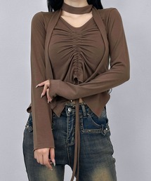 Tシャツ/カットソー（ブラウン/茶色系・Vネック）ファッション通販