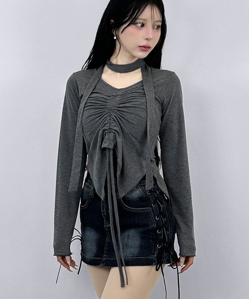 セール】ナローマフラー付きシャーリングトップス（Tシャツ/カットソー