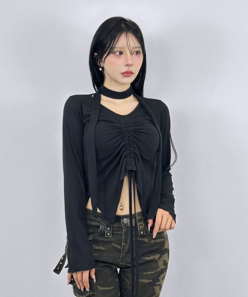 FOLLOWIN(フォロウィン)の「ナローマフラー付きシャーリングトップス(Tシャツ/カットソー・レディース・ブラック/チャコールグレー/ホワイト/ブラウン・FREE)」の22枚目の写真