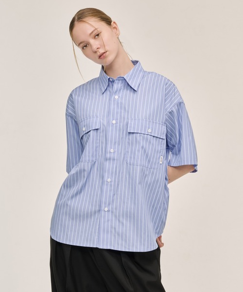 WETTEMPT（ウィテンプト）の「DOUBLE POCKET STRIPE S/S SHIRT / ダブルポケットストライプS/Sシャツ（シャツ/ブラウス・メンズ・ブラウン/サックスブルー/ブルー・SMALL/MEDIUM/LARGE）」の3枚目の写真