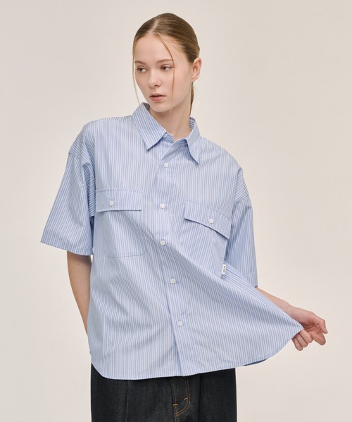 WETTEMPT（ウィテンプト）の「DOUBLE POCKET STRIPE S/S SHIRT / ダブルポケットストライプS/Sシャツ（シャツ/ブラウス・メンズ・ブラウン/サックスブルー/ブルー・SMALL/MEDIUM/LARGE）」の6枚目の写真
