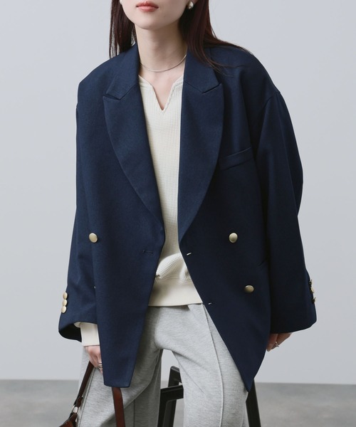NAVY(ネイビー)の「【NAVY/ ネイビー】ビッグシルエット テーラード ダブルジャケット(テーラードジャケット・レディース・ネイビー/モカ・FREE)」の2枚目の写真